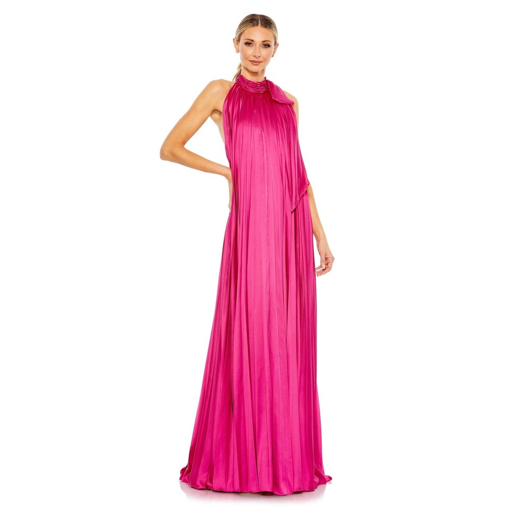 Mac Duggal Pink Pleated Satin Halter Gown Backless Maxi Dress 10 NWT